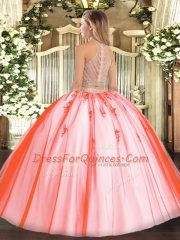 Watermelon Red Tulle Zipper Scoop Sleeveless Floor Length Quinceanera Dress Beading