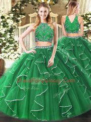 Glamorous Green Two Pieces High-neck Sleeveless Tulle Floor Length Zipper Beading and Ruffles Quinceanera Dresses