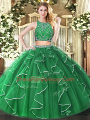 Glamorous Green Two Pieces High-neck Sleeveless Tulle Floor Length Zipper Beading and Ruffles Quinceanera Dresses