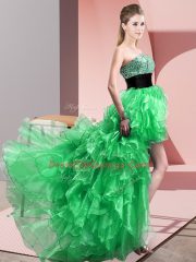 Green Sleeveless High Low Beading and Ruffles Lace Up Prom Gown