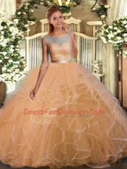 Romantic Gold Sleeveless Lace and Ruffles Floor Length Quinceanera Dresses
