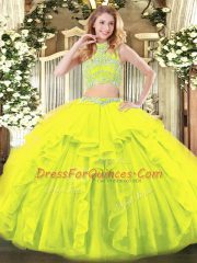 Custom Fit High-neck Sleeveless Backless Quince Ball Gowns Yellow Green Tulle