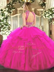 Custom Fit High-neck Sleeveless Backless Quince Ball Gowns Yellow Green Tulle