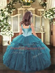 Teal Ball Gowns Organza Straps Sleeveless Beading and Ruffles Floor Length Lace Up Kids Formal Wear