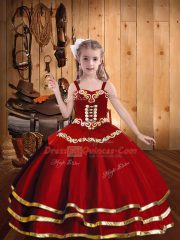 Hot Selling Straps Sleeveless Little Girls Pageant Dress Wholesale Floor Length Embroidery and Ruffled Layers Red Organza