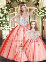 Simple Red Tulle Lace Up Sweet 16 Quinceanera Dress Sleeveless Floor Length Beading