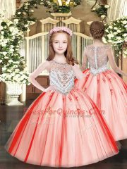 Simple Red Tulle Lace Up Sweet 16 Quinceanera Dress Sleeveless Floor Length Beading