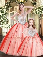 Simple Red Tulle Lace Up Sweet 16 Quinceanera Dress Sleeveless Floor Length Beading