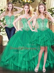 Sleeveless Tulle Floor Length Lace Up Ball Gown Prom Dress in Green with Beading and Ruffles