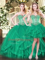 Sleeveless Tulle Floor Length Lace Up Ball Gown Prom Dress in Green with Beading and Ruffles