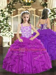 Fashion Purple Tulle Lace Up Kids Pageant Dress Sleeveless Floor Length Beading and Ruffles