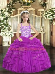 Fashion Purple Tulle Lace Up Kids Pageant Dress Sleeveless Floor Length Beading and Ruffles