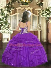 Fashion Purple Tulle Lace Up Kids Pageant Dress Sleeveless Floor Length Beading and Ruffles