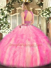 Glittering Lavender Two Pieces Beading and Ruffles Sweet 16 Dresses Backless Tulle Sleeveless Floor Length