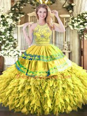 Gorgeous Gold Halter Top Zipper Beading and Ruffles Quinceanera Gowns Sleeveless