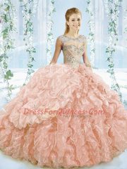 Exquisite Sleeveless Brush Train Lace Up Beading and Ruffles Sweet 16 Quinceanera Dress