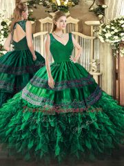 Dark Green Ball Gowns Organza V-neck Sleeveless Beading and Ruffles Floor Length Zipper 15 Quinceanera Dress