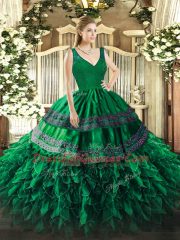 Dark Green Ball Gowns Organza V-neck Sleeveless Beading and Ruffles Floor Length Zipper 15 Quinceanera Dress