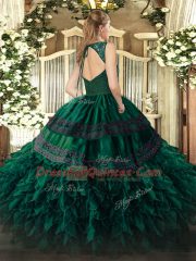 Dark Green Ball Gowns Organza V-neck Sleeveless Beading and Ruffles Floor Length Zipper 15 Quinceanera Dress