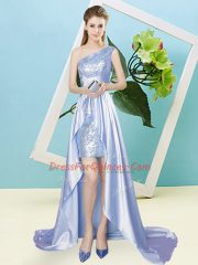 Exceptional Lavender Elastic Woven Satin and Sequined Lace Up One Shoulder Sleeveless High Low Prom Dresses Sequins