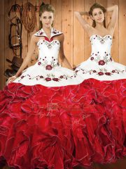 Vintage White And Red 15th Birthday Dress Military Ball and Sweet 16 and Quinceanera with Embroidery and Ruffles Halter Top Sleeveless Lace Up