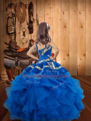 Floor Length Lace Up Little Girls Pageant Dress Coral Red for Party and Sweet 16 and Quinceanera and Wedding Party with Embroidery and Ruffles