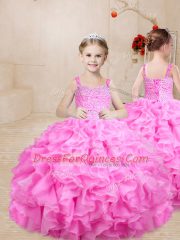 Admirable Floor Length Ball Gowns Sleeveless Rose Pink Little Girl Pageant Gowns Lace Up