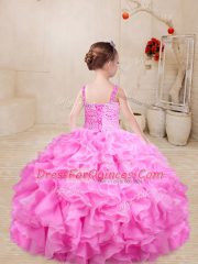 Admirable Floor Length Ball Gowns Sleeveless Rose Pink Little Girl Pageant Gowns Lace Up