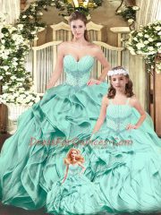 Aqua Blue Quince Ball Gowns Military Ball and Sweet 16 and Quinceanera with Beading and Ruffles Sweetheart Sleeveless Lace Up