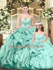 Aqua Blue Quince Ball Gowns Military Ball and Sweet 16 and Quinceanera with Beading and Ruffles Sweetheart Sleeveless Lace Up