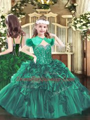 Sleeveless Organza Floor Length Lace Up Pageant Gowns For Girls in Dark Green with Beading and Ruffles