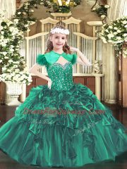 Sleeveless Organza Floor Length Lace Up Pageant Gowns For Girls in Dark Green with Beading and Ruffles