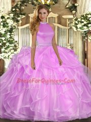 Luxury Lilac Halter Top Backless Beading and Ruffles Quince Ball Gowns Sleeveless