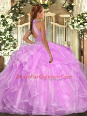 Luxury Lilac Halter Top Backless Beading and Ruffles Quince Ball Gowns Sleeveless