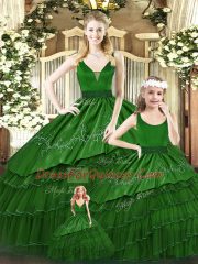 Latest Green Lace Up Quinceanera Gown Beading and Embroidery and Ruffled Layers Sleeveless Floor Length