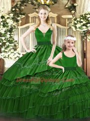 Latest Green Lace Up Quinceanera Gown Beading and Embroidery and Ruffled Layers Sleeveless Floor Length