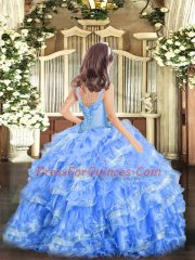 Nice Gold Sleeveless Appliques and Ruffled Layers Floor Length Girls Pageant Dresses