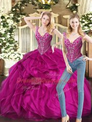 Fuchsia Ball Gowns Ruffles Quinceanera Gown Lace Up Organza Sleeveless Floor Length