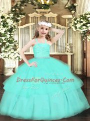 Organza Straps Sleeveless Zipper Beading and Lace and Ruffled Layers Kids Pageant Dress in Apple Green