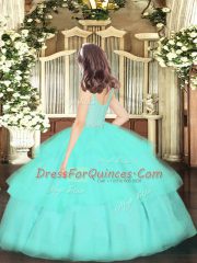 Organza Straps Sleeveless Zipper Beading and Lace and Ruffled Layers Kids Pageant Dress in Apple Green