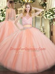 Peach Tulle Zipper Quinceanera Dress Sleeveless Floor Length Beading