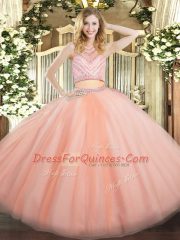 Peach Tulle Zipper Quinceanera Dress Sleeveless Floor Length Beading