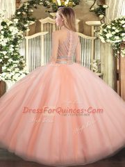 Peach Tulle Zipper Quinceanera Dress Sleeveless Floor Length Beading
