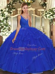Flare Blue Sleeveless Tulle Backless Quinceanera Dresses for Sweet 16 and Quinceanera