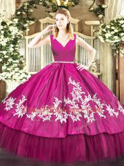 Fuchsia Ball Gowns V-neck Sleeveless Satin and Tulle Floor Length Zipper Embroidery Vestidos de Quinceanera