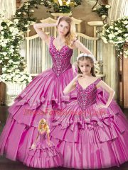 Elegant Fuchsia V-neck Neckline Beading and Ruffled Layers Quinceanera Gown Sleeveless Lace Up