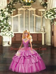 Elegant Fuchsia V-neck Neckline Beading and Ruffled Layers Quinceanera Gown Sleeveless Lace Up