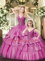 Elegant Fuchsia V-neck Neckline Beading and Ruffled Layers Quinceanera Gown Sleeveless Lace Up