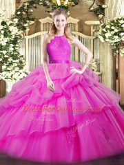Trendy Fuchsia Ball Gowns Scoop Sleeveless Organza Floor Length Zipper Lace and Ruffled Layers Quinceanera Gown