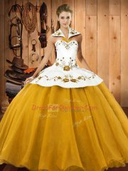 Gold Sleeveless Embroidery Floor Length 15th Birthday Dress